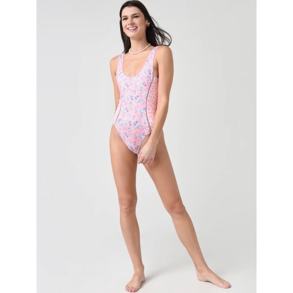 LoveShackFancy floral pink deep low scoop back one piece swimsuit - Picture 3 of 6